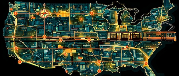 A detailed map highlighting the US-Mexico border, with arrows illustrating efficient trade routes and industrial corridors connecting major manufacturing hubs in both countries.