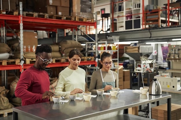A diverse group of Mexican and American manufacturing employees collaborating on an assembly line, showcasing teamwork and cultural integration in a modern factory setting.