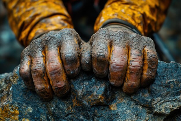 A close-up of a miner's hands sifting through ore in a Mexican mine, showing safety gloves and mining equipment in the background, emphasizing expertise and labor.