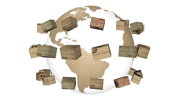 A visual representation of goods being traded across the US-Mexico border, with transparent layers showing invoices and tax forms, emphasizing the complexity of cross-border VAT compliance.