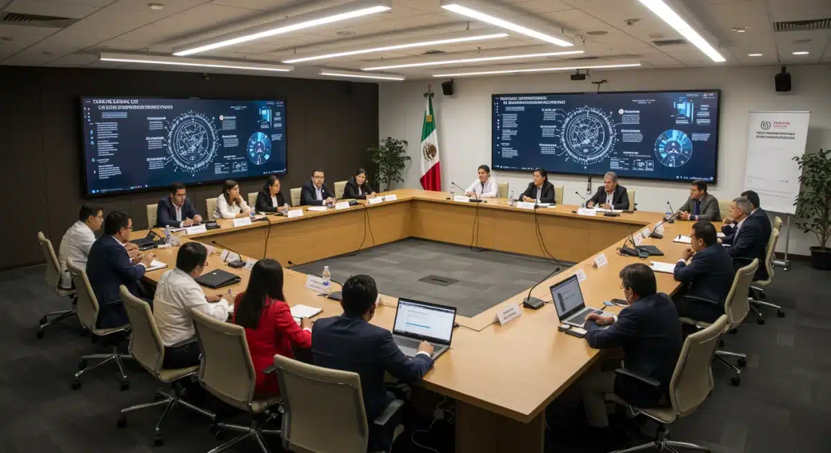Mexican government officials and tech leaders collaborating on digital policy in a modern setting.