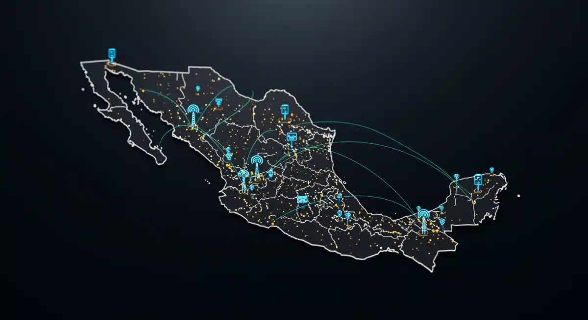 Digital infrastructure network overlaying a map of Mexico, symbolizing nationwide connectivity.