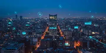 Futuristic Mexico City skyline with digital network overlays, representing national digital transformation.