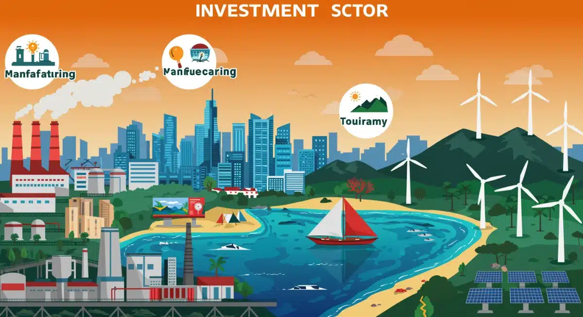Illustration of diverse investment sectors in Mexico, including manufacturing, technology, and tourism.
