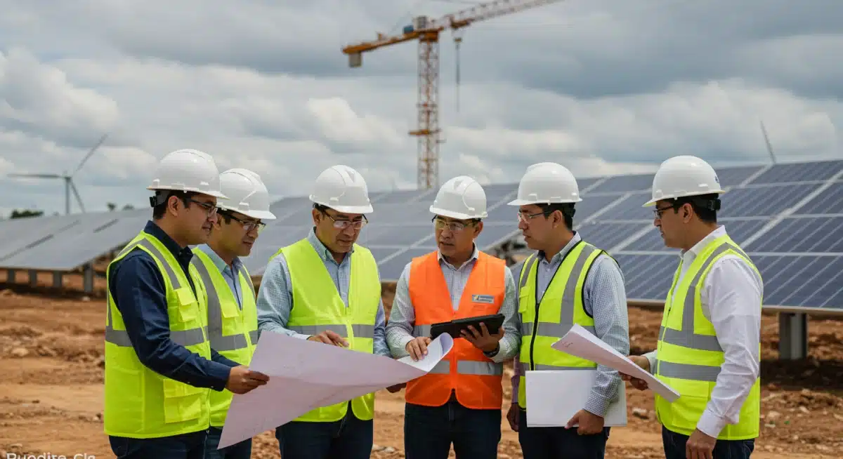Engineers discussing plans for a new renewable energy project in Mexico, highlighting sustainable growth efforts.