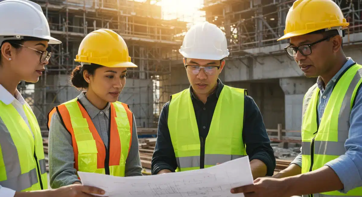 Engineers reviewing blueprints at a large-scale infrastructure project site.