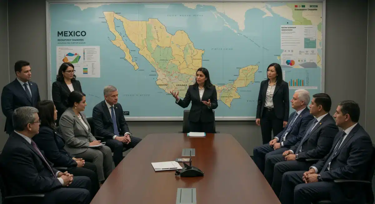 International business executives reviewing legal documents concerning Mexican investment regulations.