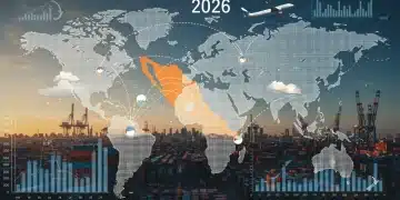 Global trade map with Mexico highlighted, showing import and export data trends for 2026.