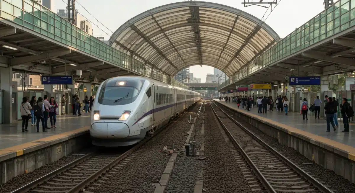 High-speed train at a modern railway station in Mexico.