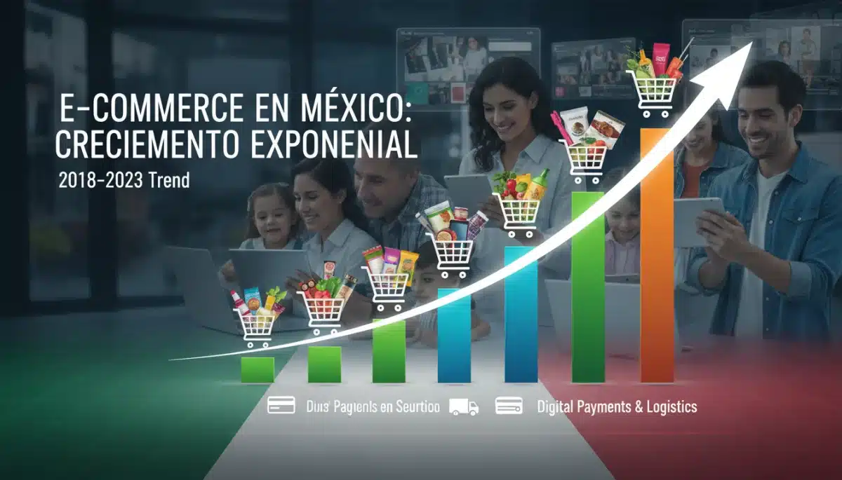 Infographic showing the booming e-commerce market in Mexico with upward trends and consumer interaction.