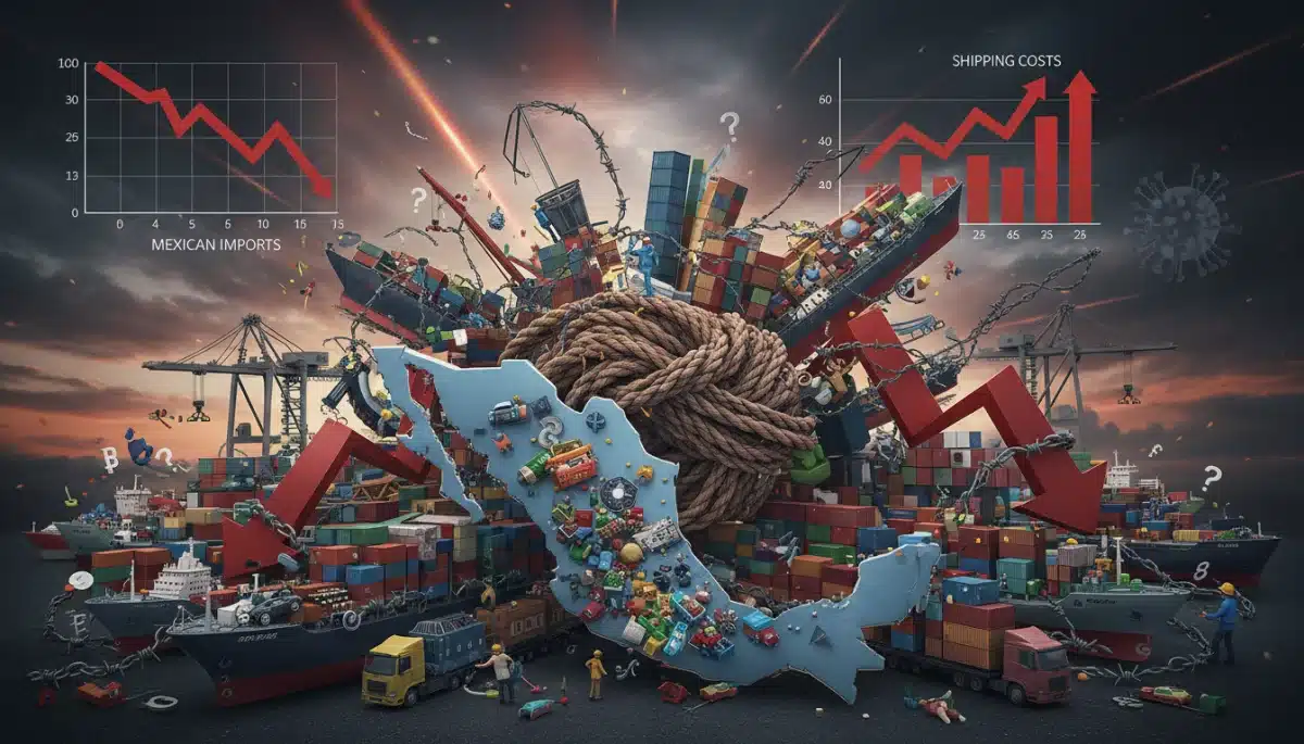 Visualizing global supply chain disruptions affecting Mexico's imports and economic stability.