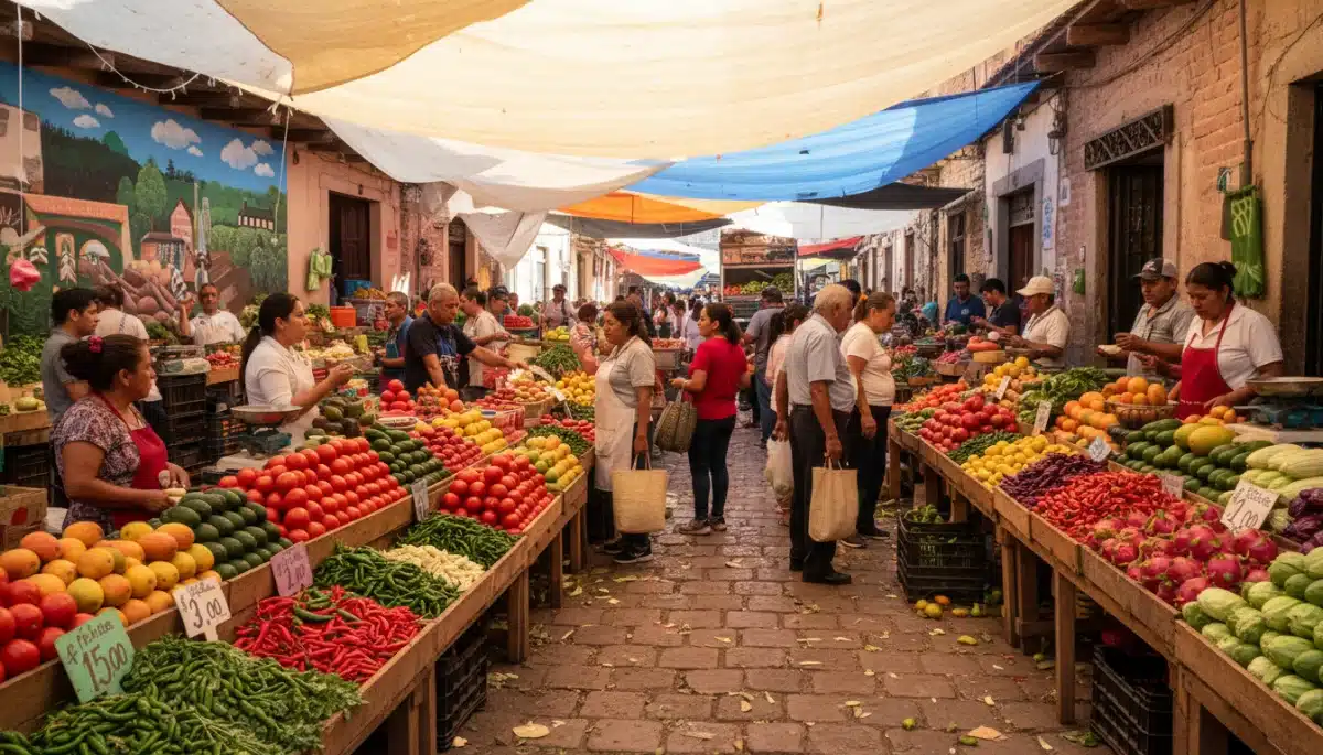 Vibrant Mexican food market with fresh produce, reflecting consumer prices.