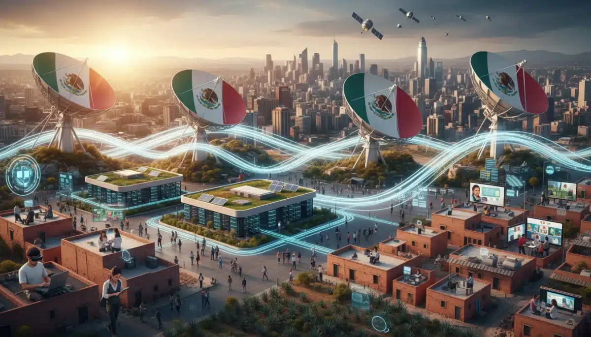 Illustration of digital infrastructure expansion in Mexico, including fiber optics, satellites, and data centers.