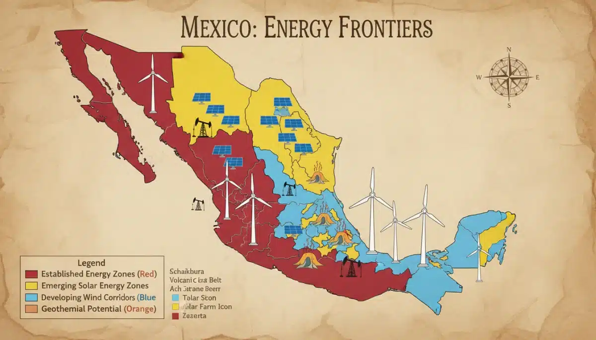 Map of Mexico showing diverse energy development zones, indicating areas of investment and resource concentration.