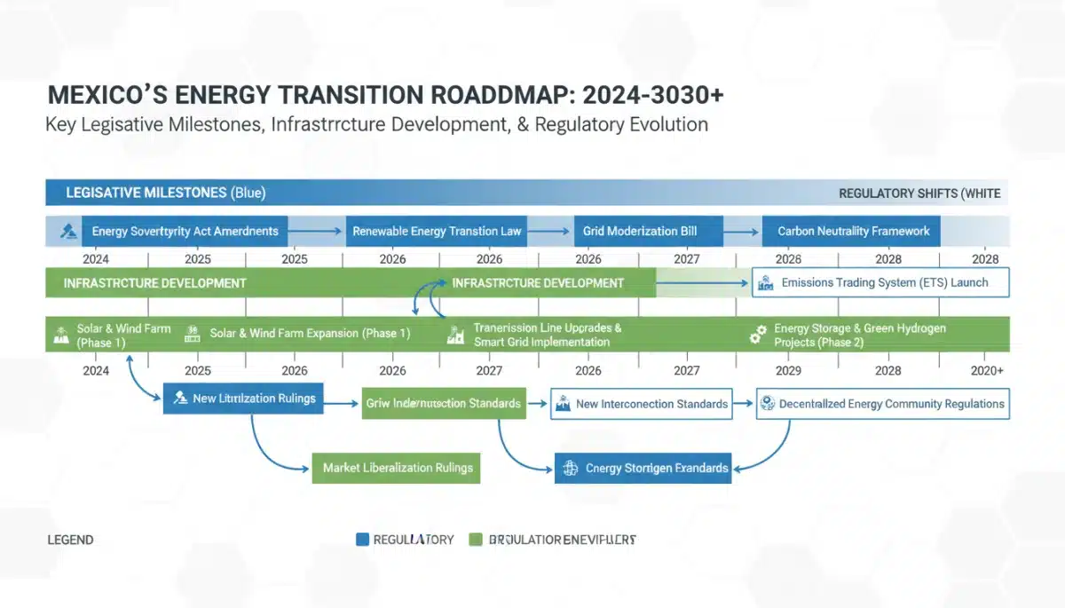 Timeline graphic illustrating key milestones and regulatory changes in Mexico's energy policy leading to 2026.