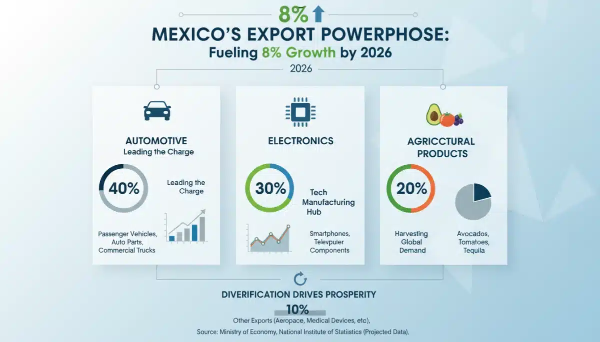 Infographic detailing key Mexican export sectors contributing to 8% growth in 2026.