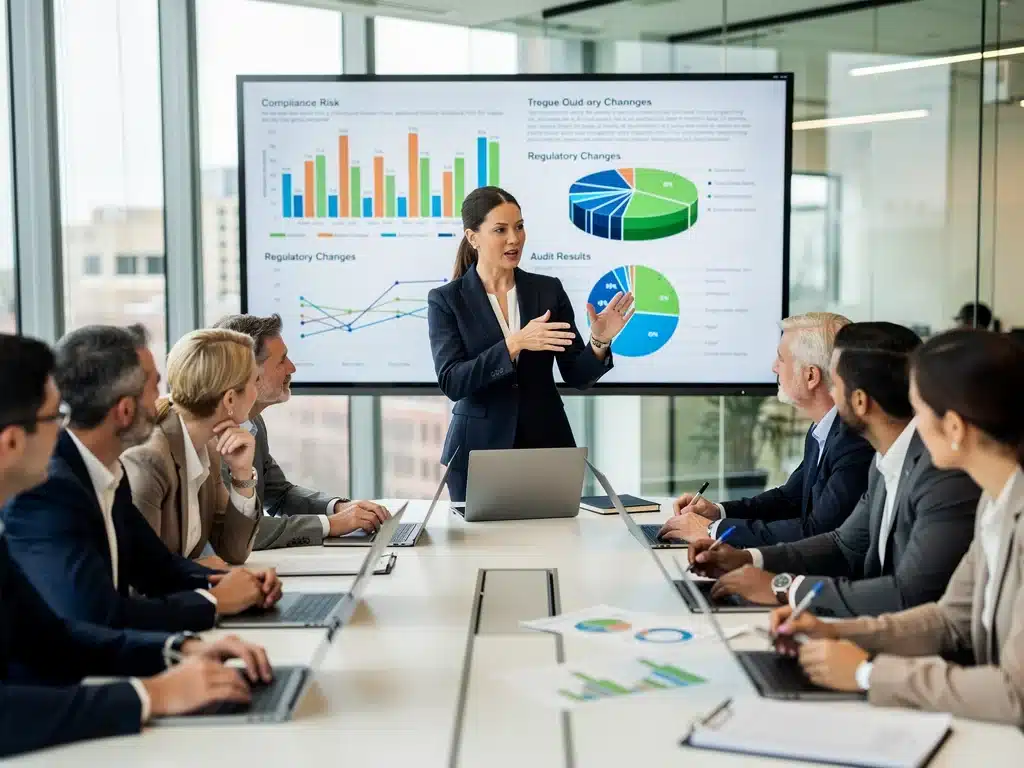 Business professionals discussing compliance strategies in a meeting room