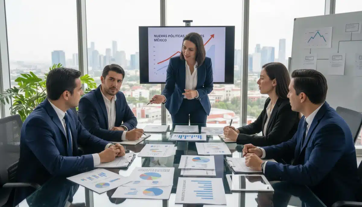 Business professionals analyzing financial reports amidst Mexican fiscal changes