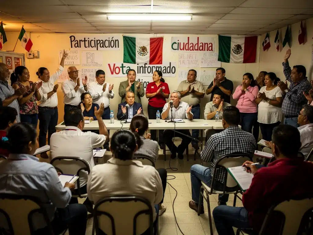 Diverse Mexican citizens actively discussing political topics, representing enhanced participation after reforms.
