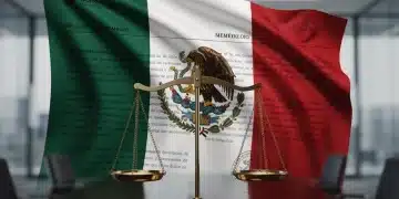 Mexican flag with legal documents and balance scale, representing anti-corruption measures and compliance