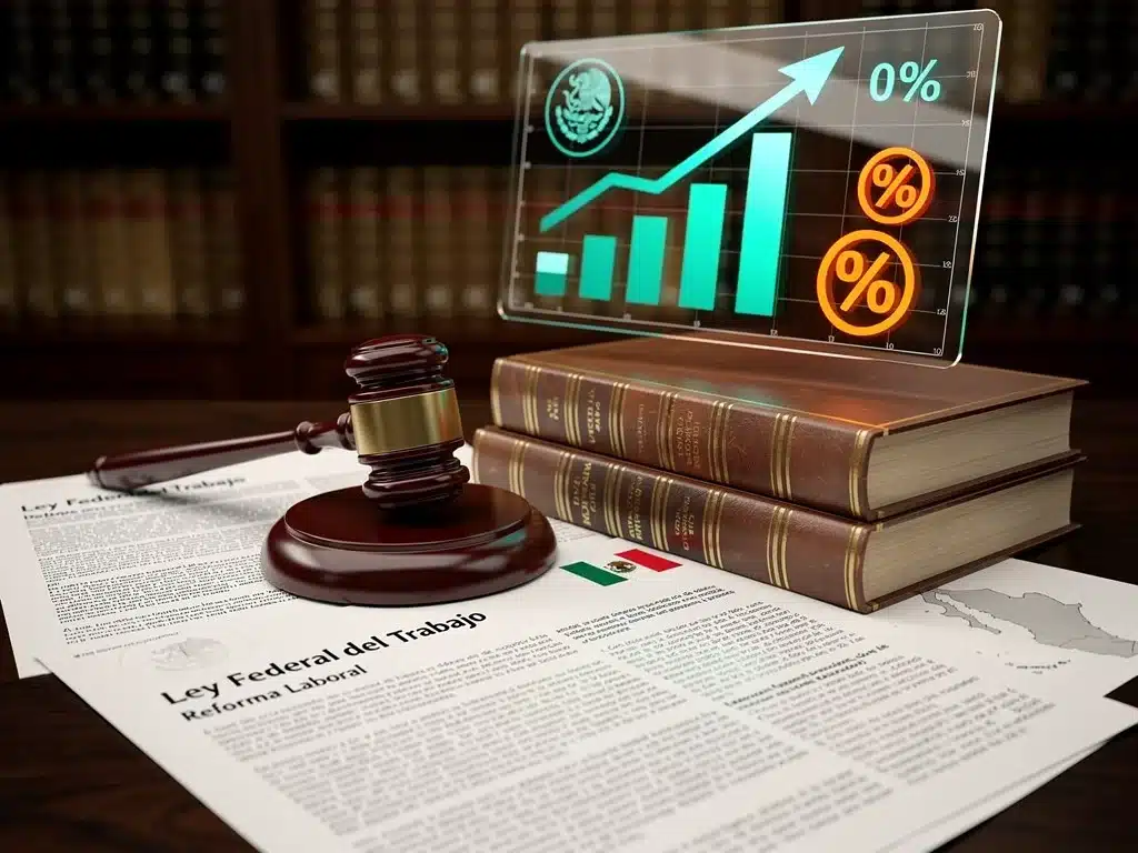 Mexican labor law reform documents and legal symbols