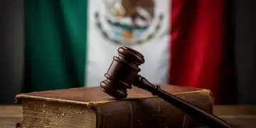 Gavel resting on law book with Mexican flag, symbolizing judicial reform