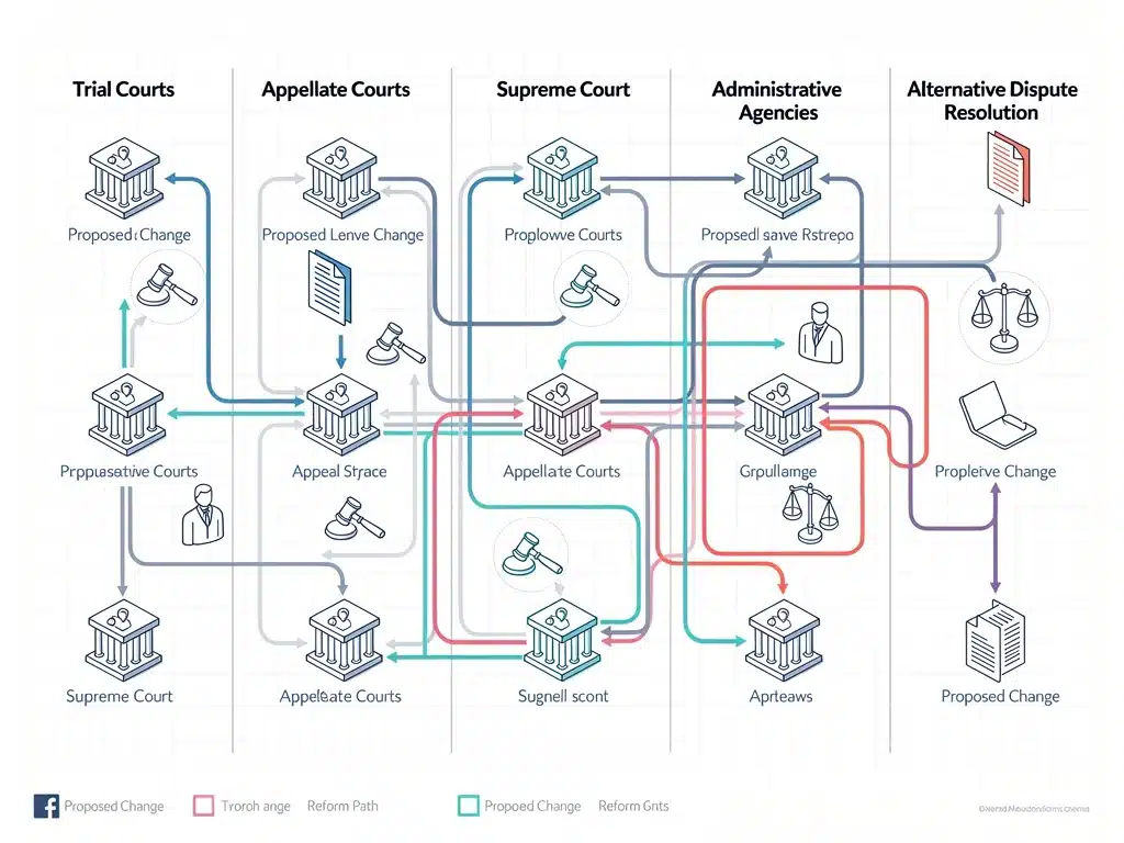 Complex legal flowchart illustrating judicial process changes