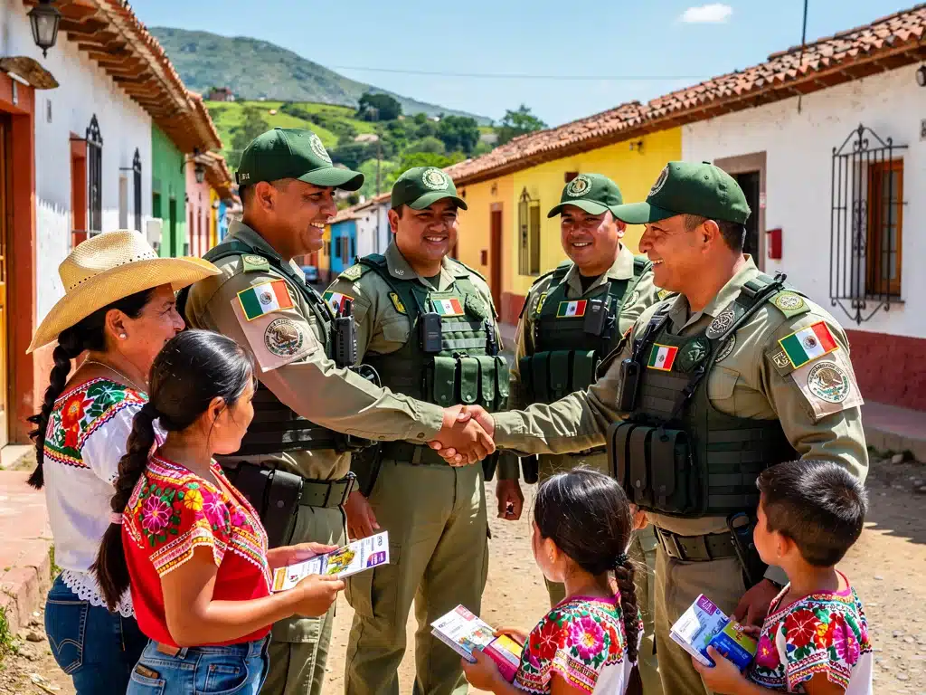 Mexican security forces interacting with community members in a rural setting, symbolizing community engagement.