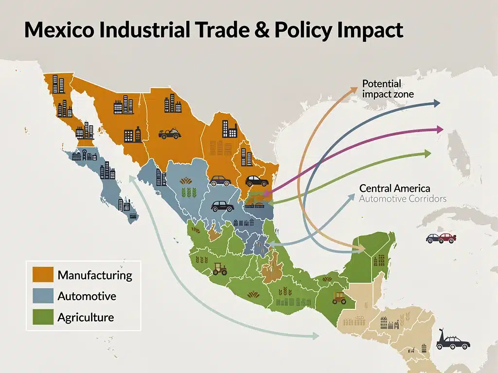 Map of Mexico showing industrial regions and trade routes, illustrating policy impact.