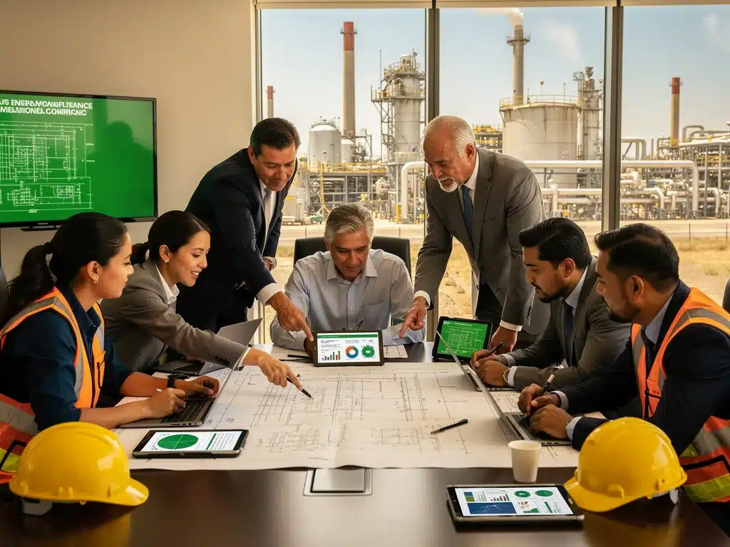 Industry professionals strategizing environmental compliance in Mexico