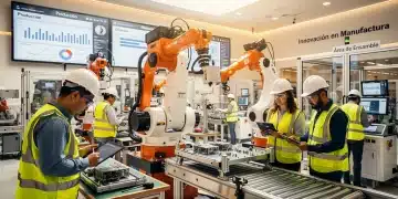 Modern manufacturing plant in Mexico with robotics and diverse workforce
