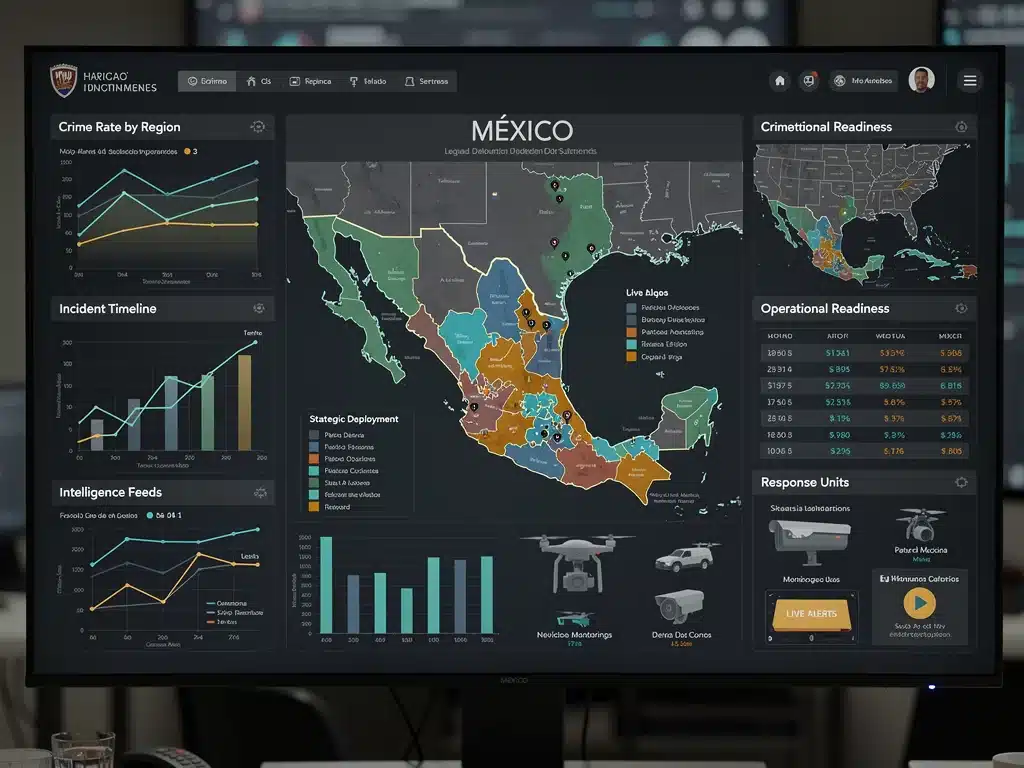 Digital dashboard showing crime statistics and security operations in Mexico, representing data-driven strategies.