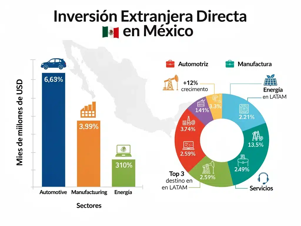 Infographic showing sectoral distribution of foreign direct investment in Mexico.