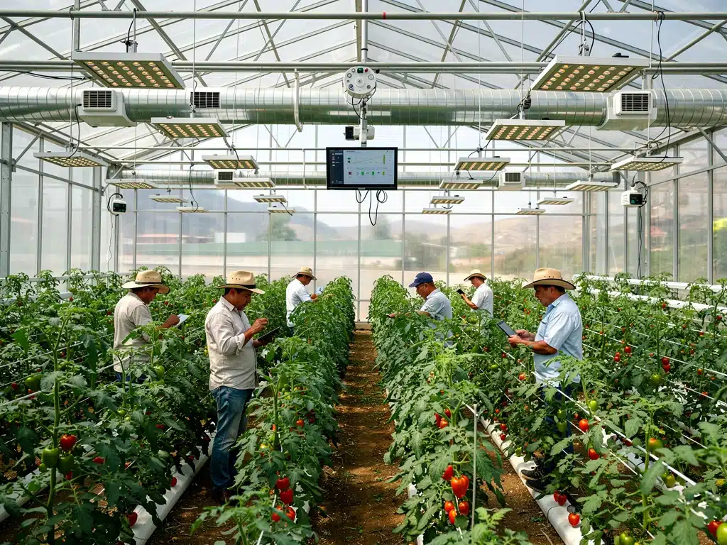 Mexican farmers inspecting high-value crops in a modern greenhouse.