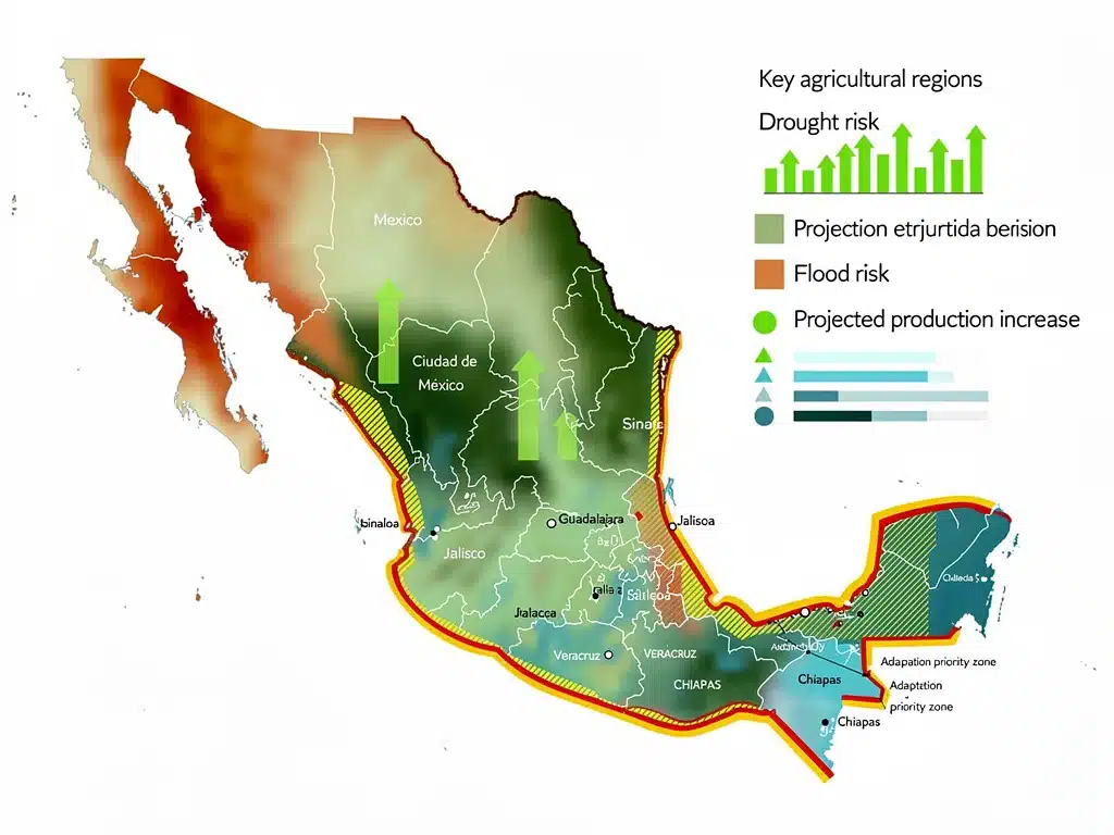 Map of Mexico showing agricultural regions and climate change impact zones.