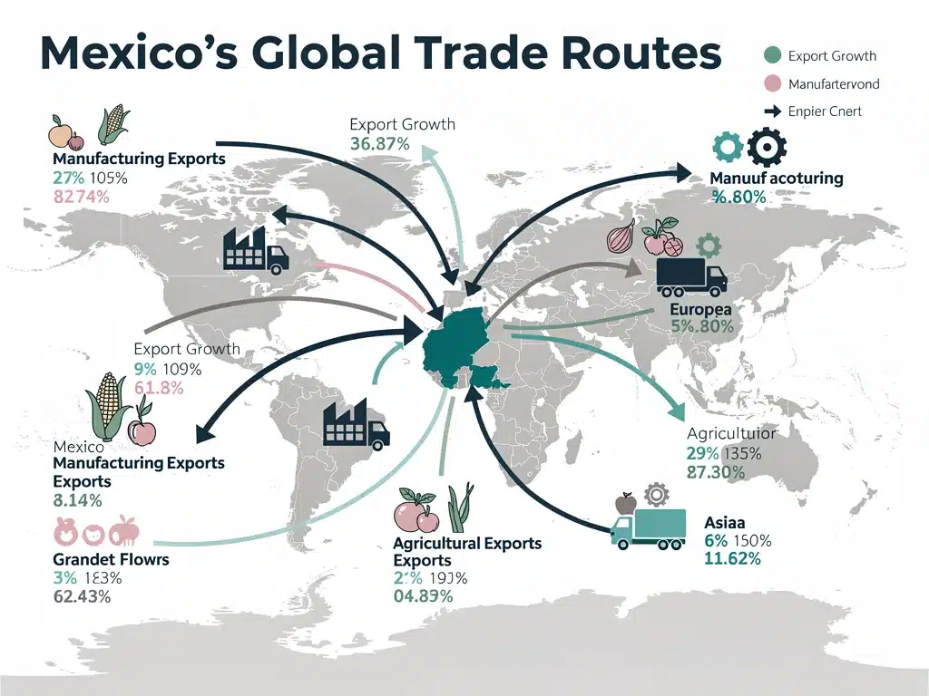 Infographic illustrating Mexico's export routes and major global trade partnerships in 2026.