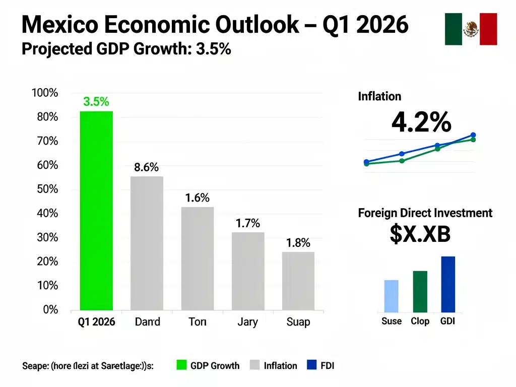 Infographic displaying Mexico's Q1 2026 GDP growth forecast and key economic indicators.