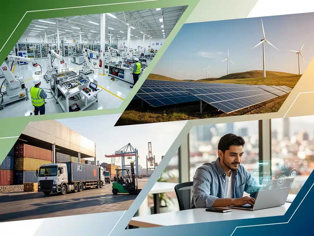 Diverse key investment sectors in Mexico: manufacturing, renewable energy, logistics, and technology.