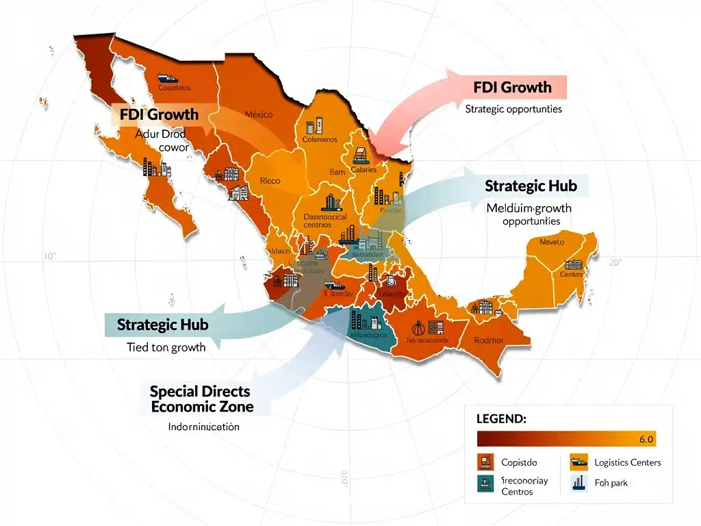 Map of Mexico indicating regions with high foreign direct investment growth.