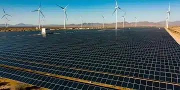 Solar panels and wind turbines representing Mexico's renewable energy future