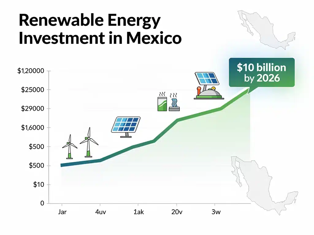 Graph illustrating Mexico's increasing renewable energy investment and projected billion by 2026