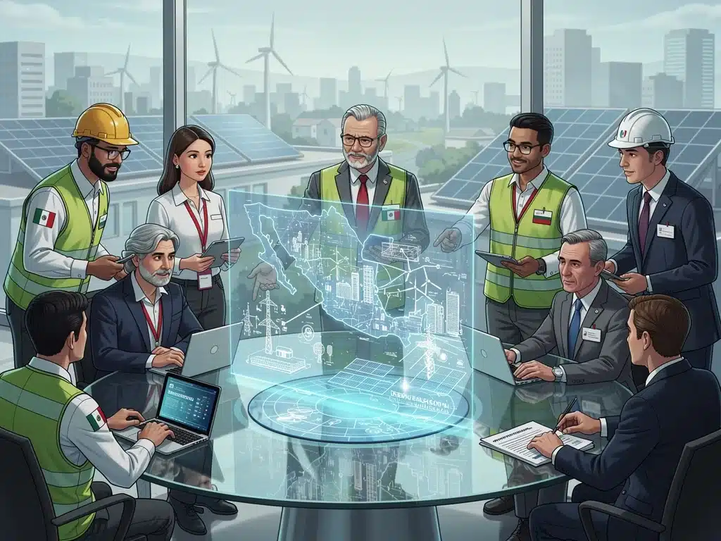 Professionals collaborating on renewable energy project blueprints in Mexico