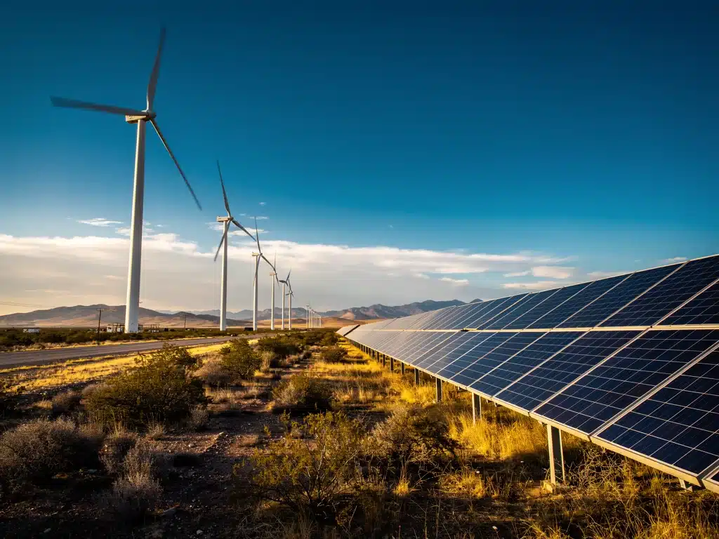 Wind turbines and solar panels in Mexico, illustrating renewable energy sector expansion.